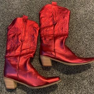 red high shin high cowgirl boots
